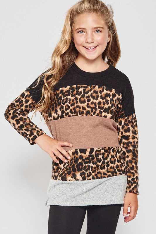 Kids Leopard color block long sleeve shirt