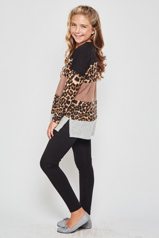 Kids Leopard color block long sleeve shirt