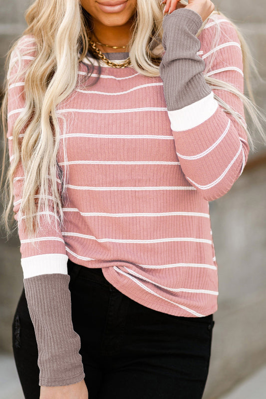 Long sleeve Pink and white striped ribbed shirt.